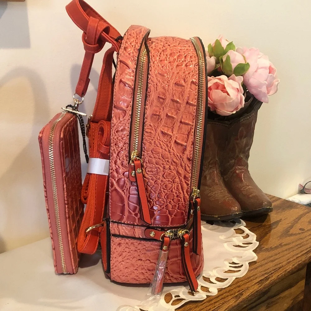Source Unknown Coral Croc-Embossed Backpack with Matching Wristlet